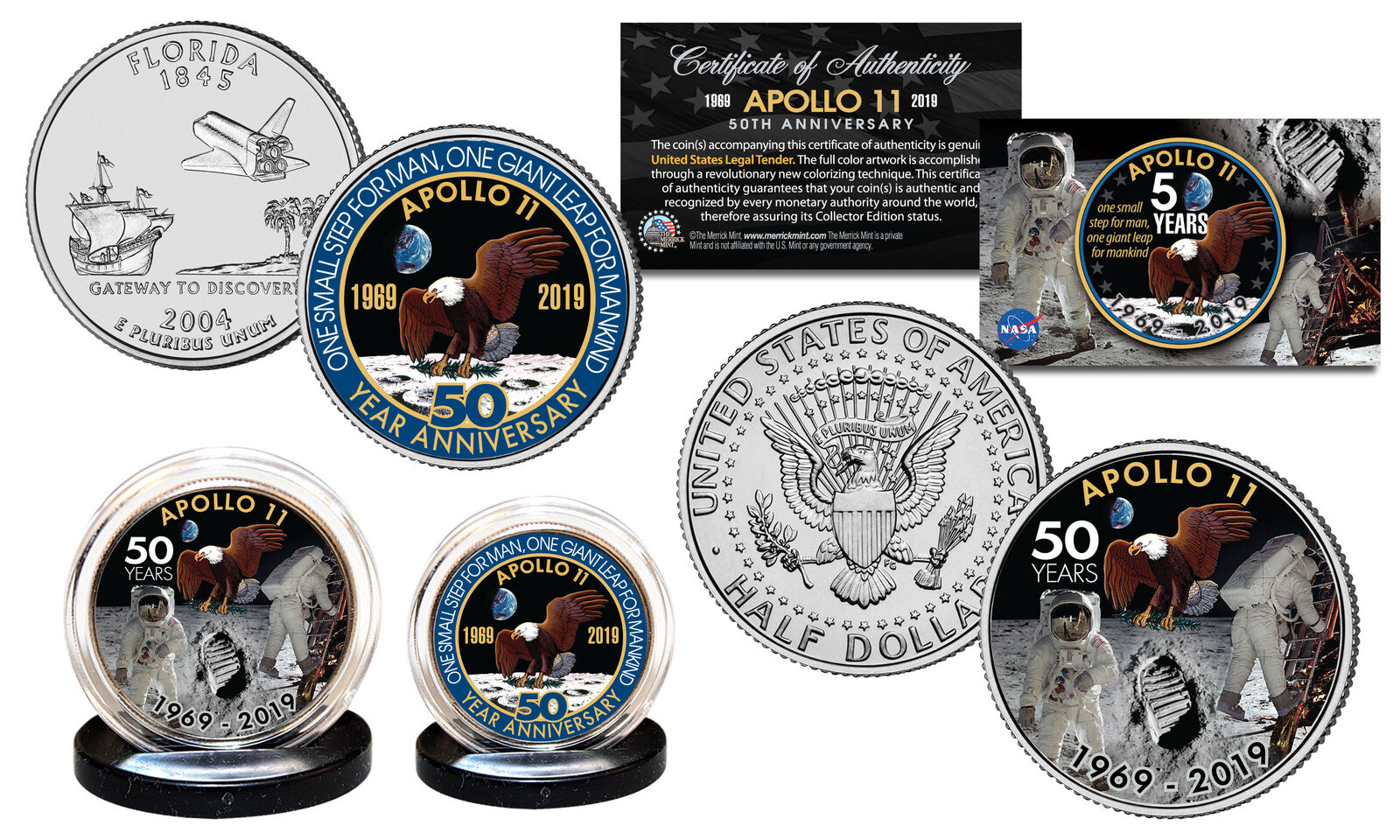APOLLO 11 50th Anniversary Man on Moon 2-Coin Set FL. Quarter & JFK Half Dollar