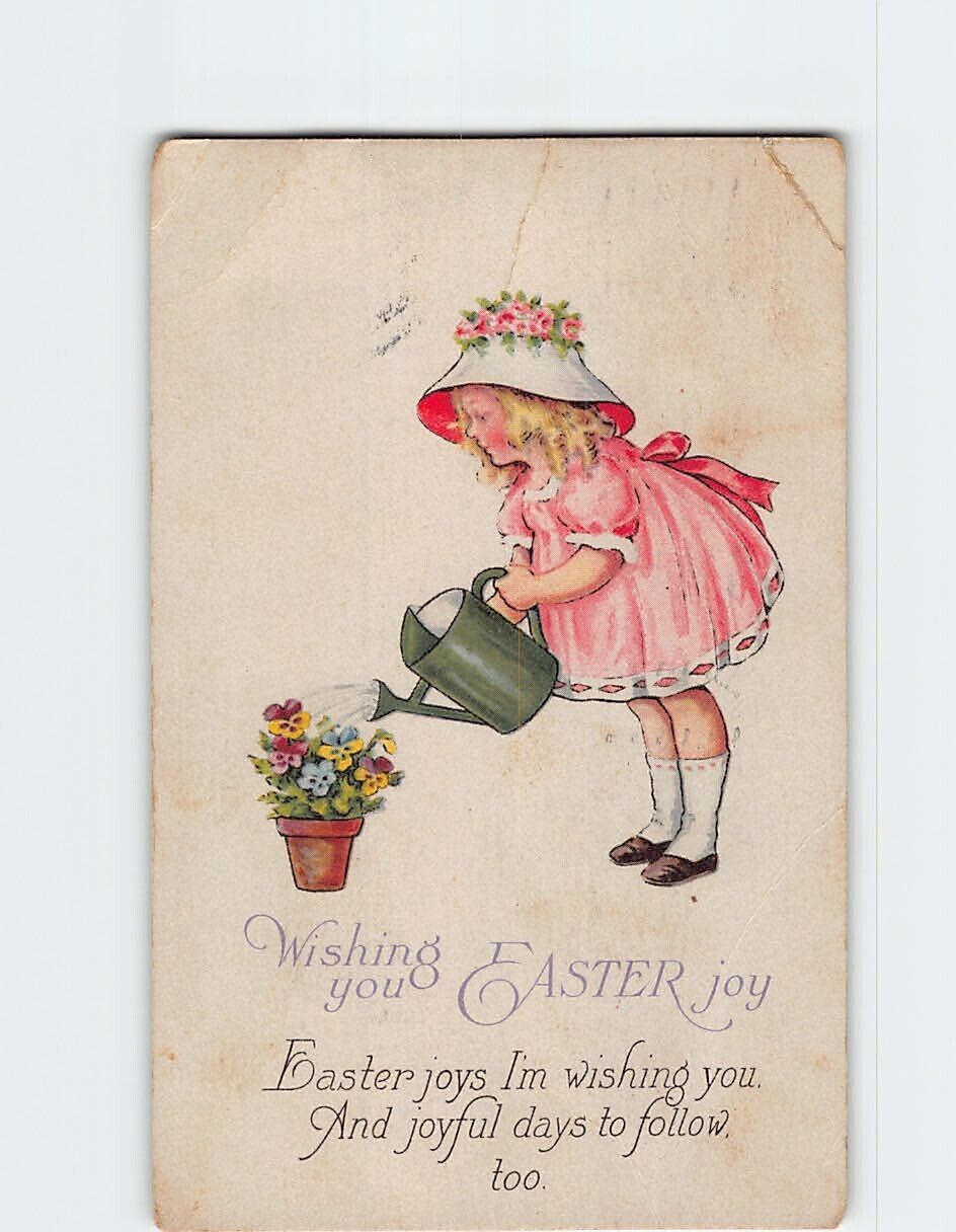 Postcard Little Girl Watering the Plant Art Print Wishing You Easter Joy