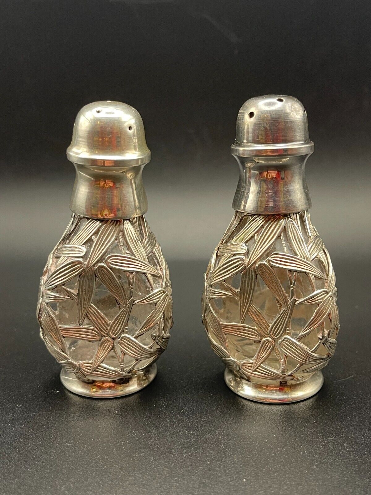 Exquisite Antique Sterling Silver 950 Salt and Pepper Shakers with Bamboo Motif