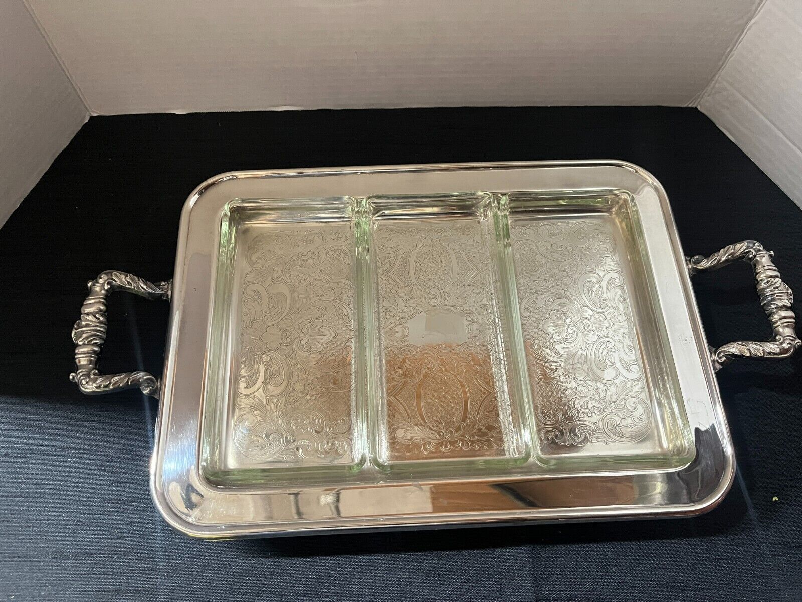 Vintage Leonard Footed Silverplate Relish Serving Tray w/3 Glass Inserts