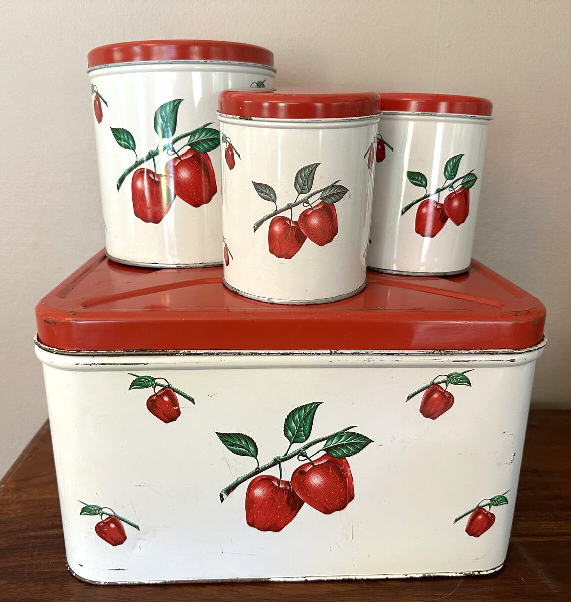 VINTAGE 50's DECOWARE Apple Kitchen Canisters Bread Box RED WHITE x 4