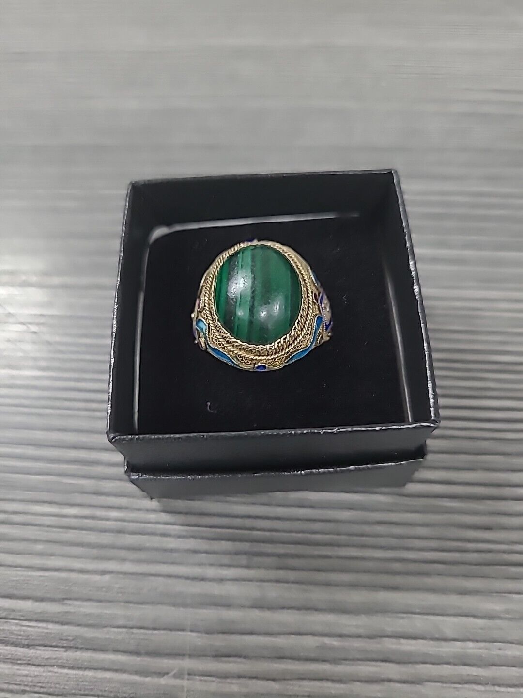 Vintage CHINESE STERLING SILVER Vermeil CARVED MALACHITE ENAMEL RING SIZE 8.5