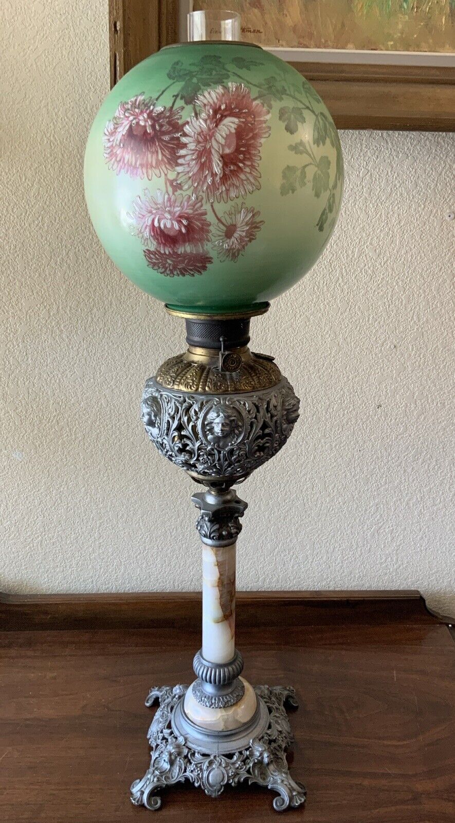 VINTAGE Antique 32” Lady Lion Marble Oil TABLE LAMP GWTW BANQUET Parlor