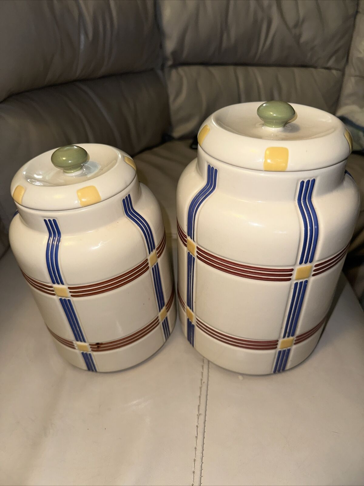 Longaberger Pottery Multi Plaid Mixed Harvest Canister With Lid Set Of 2