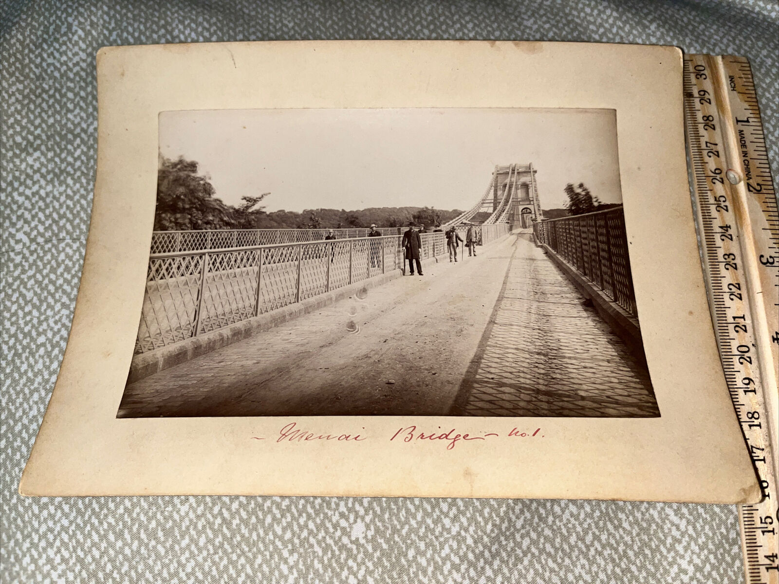 Antique Mounted Photograph: Menai Strait Wales Suspension Bridge Anglesey Island