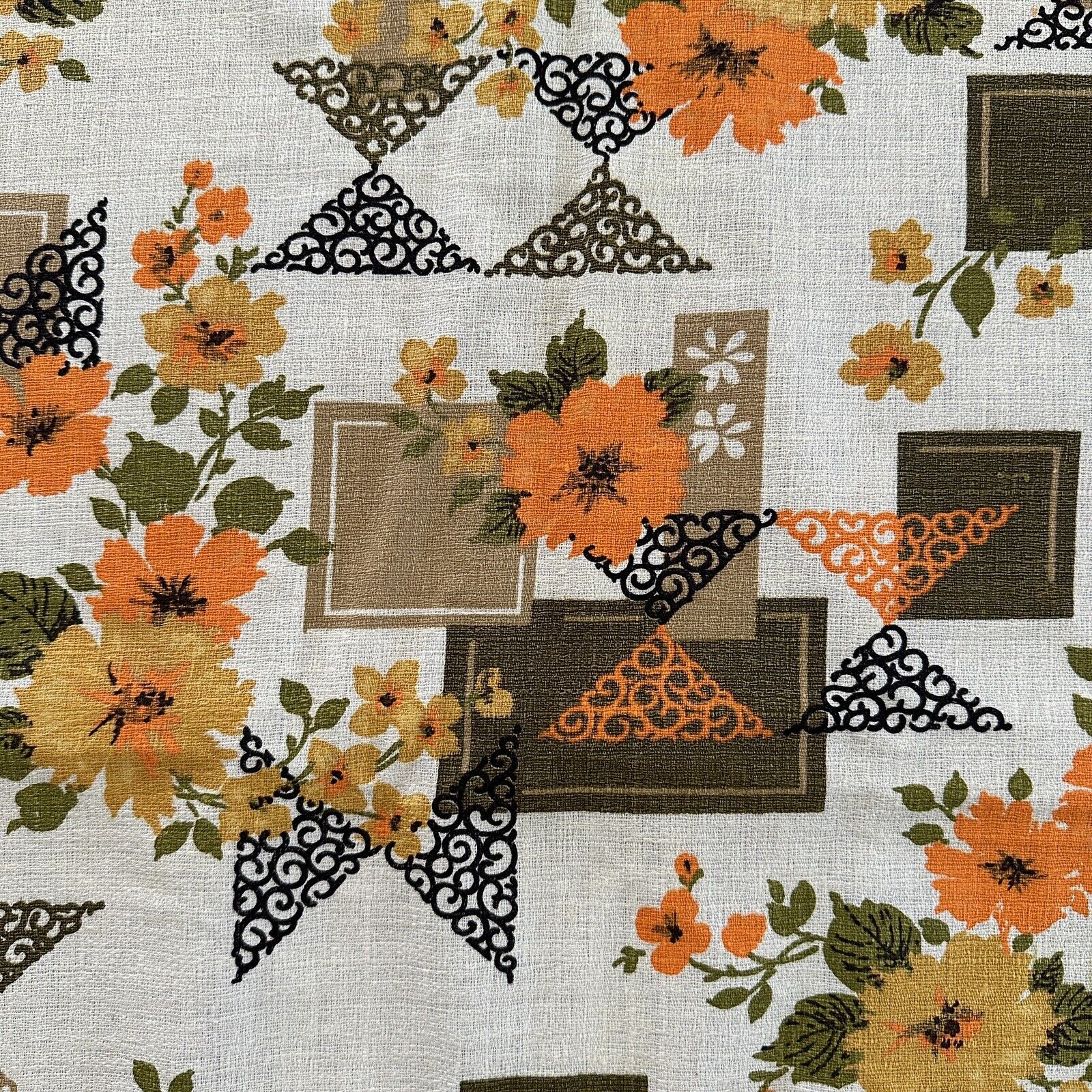 Vintage 1970 Diamonds n Squares Barkcloth Floral Orange Geometric 6.3 Yds Fabric