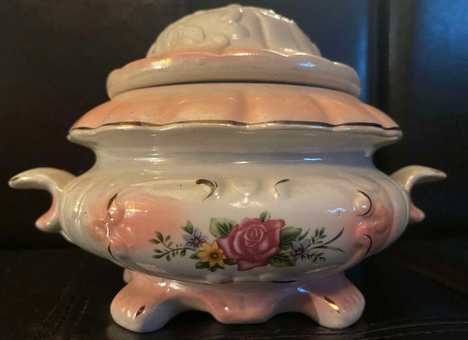 Vintage Lusterware Footed Small Tureen Serving Bowl Handles Lid Pearl Pink & Whi