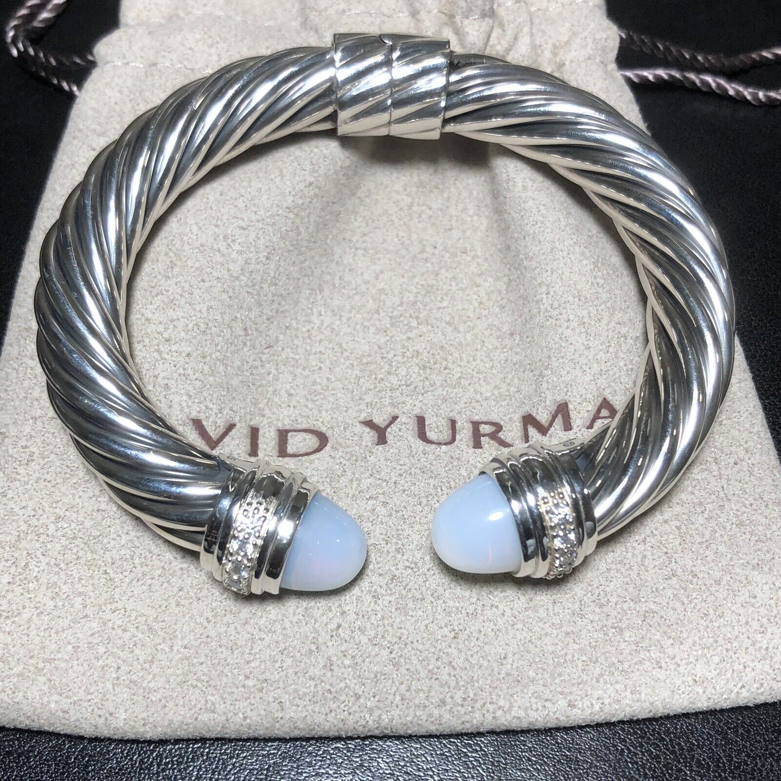 David Yurman Sterling Silver 10mm Cable Bracelet with Moonstone & Diamonds