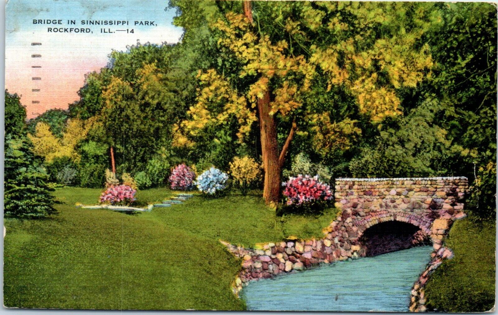 1942 Linen Postcard Rockford IL Illinois Bridge in Sinnissippi Park