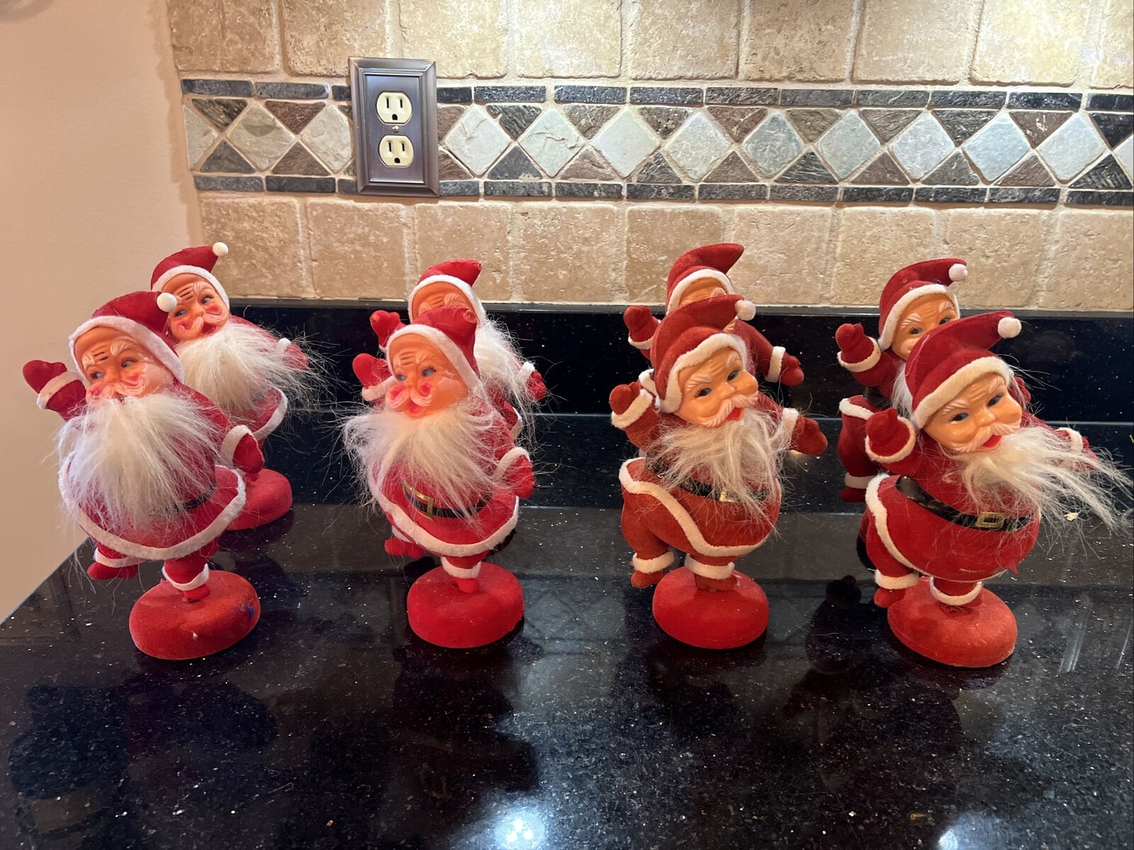 Vintage 9.5” Santa Claus Flocked Felt Plastic Figures Waving Set Of Eight 