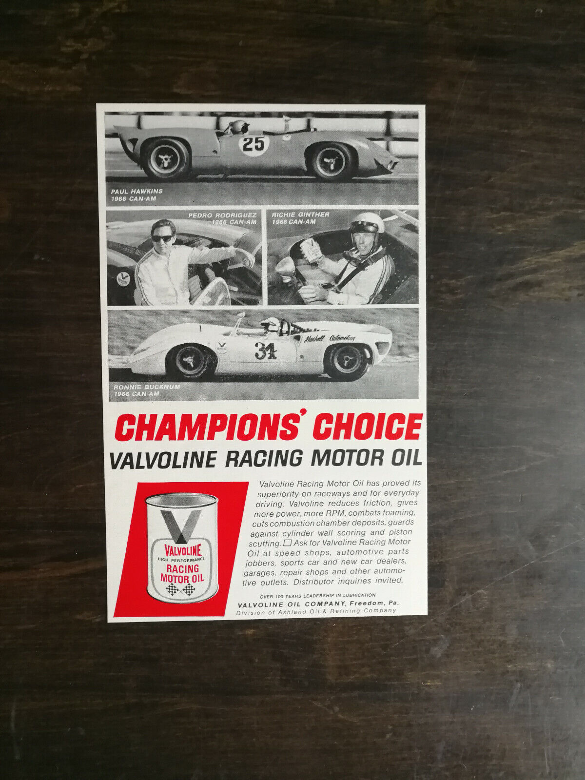 Vintage 1967 Valvoline Racing Motor Oil Champion's Choice Original Ad