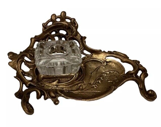 VTG Antique Ornate Art Nouveau Brass Inkwell *SEE DETAILS* Nice