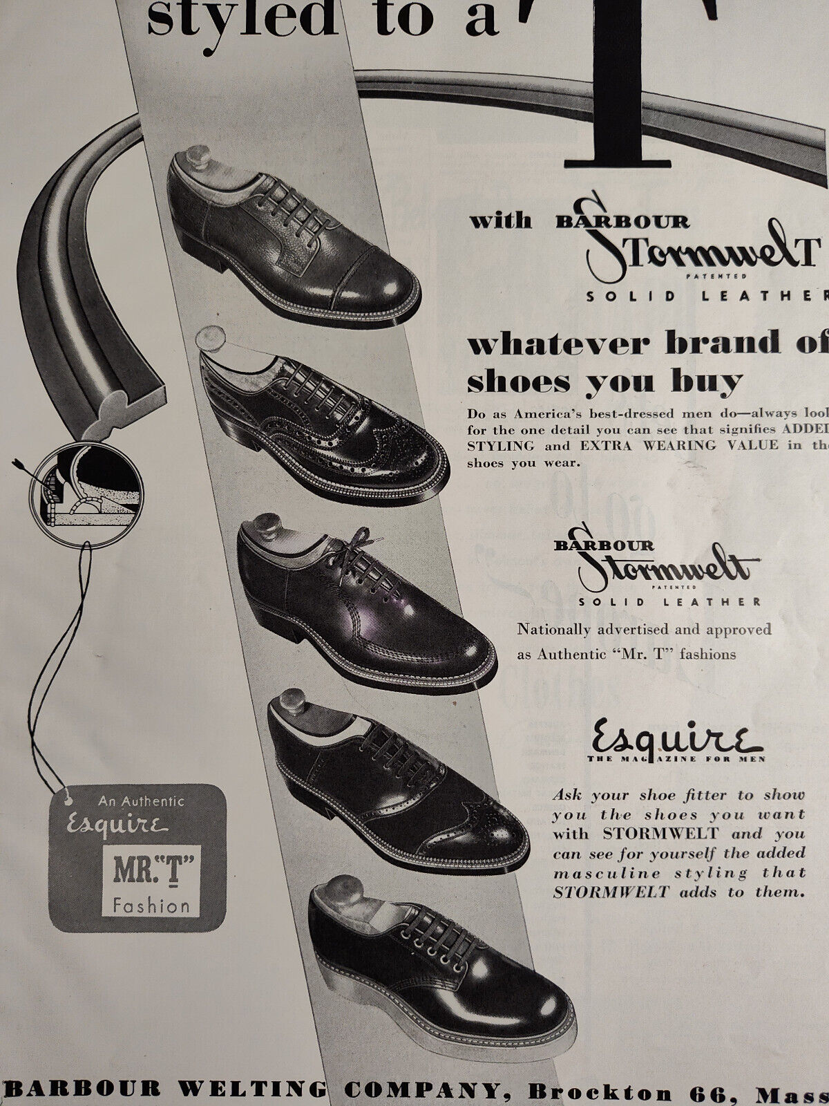 1950 Original Esquire Art Ad Advertisement Barbour Strormwelt Leather Shoes