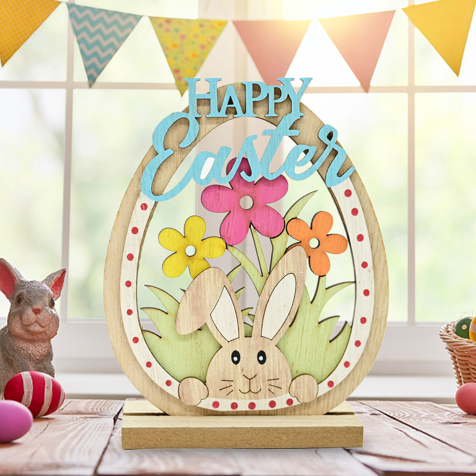 1Pcs Easter Happy Ornaments For Bunny Decor Wooden Egg Vintage Ornament NEW