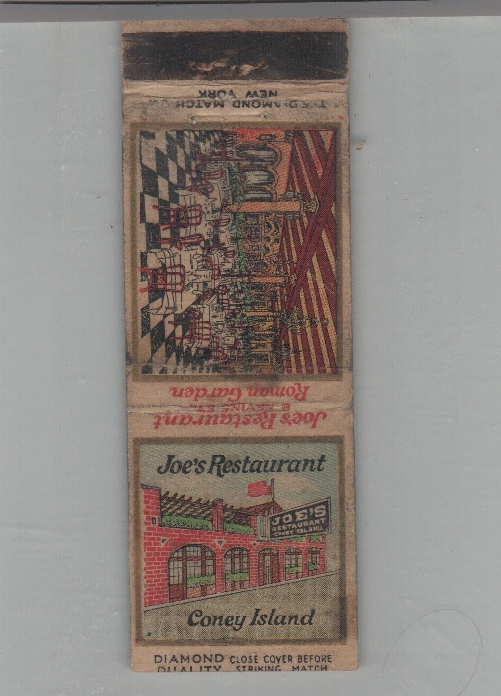 Matchbook Cover 1930s Diamond Quality Joe's Restaurant Coney Island