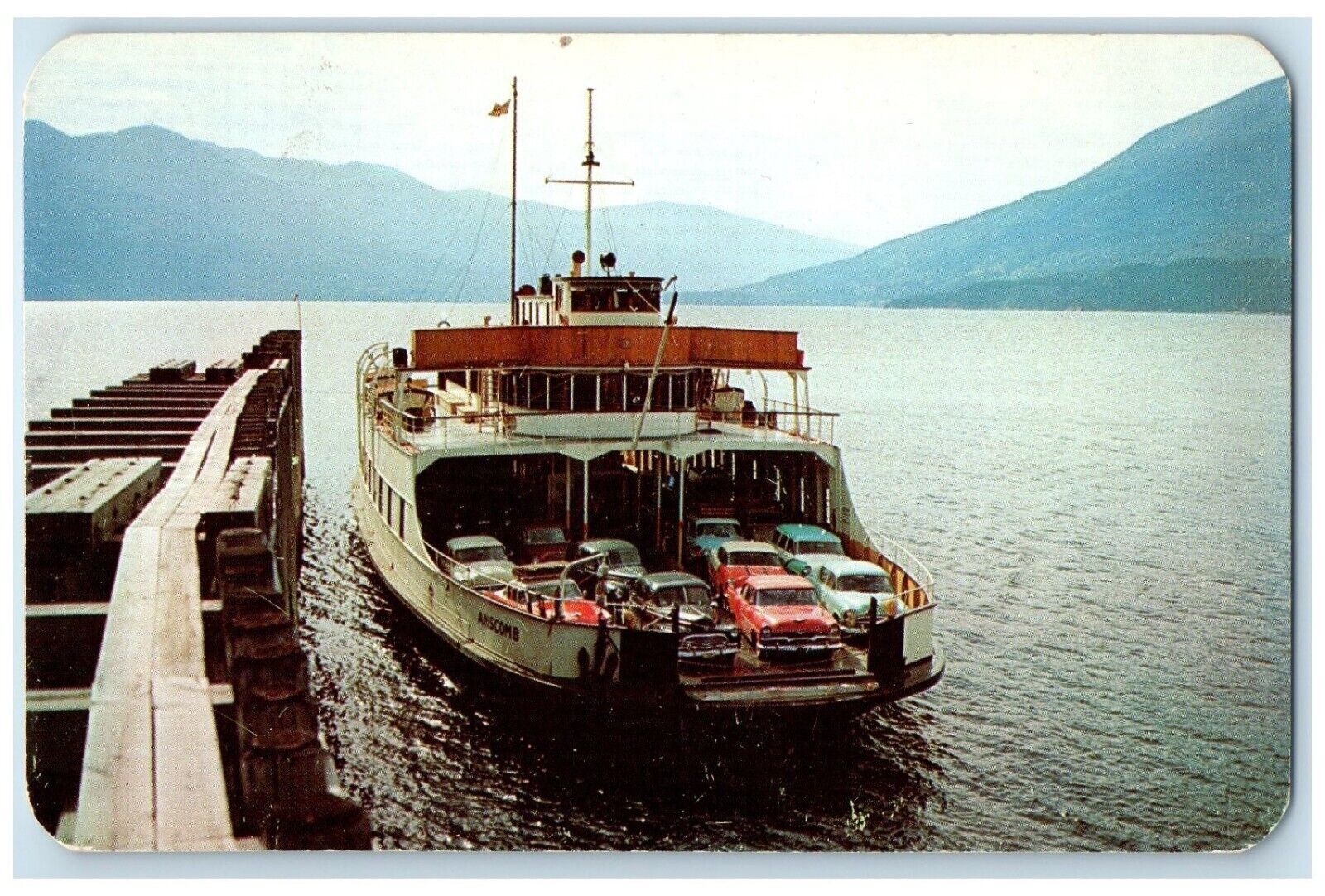 c1960 Colorful Kootenays Series MV Anscomb Docking Columbia Canada CA Postcard