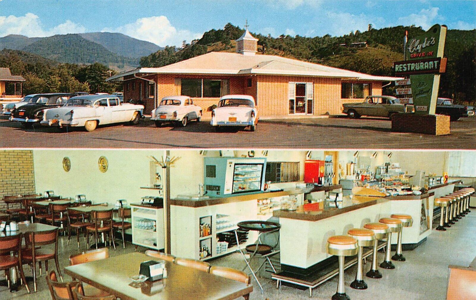 Waynesville NC Clyde\'s Restaurant Drive-Inn Interior 1950s Vtg Postcard C12