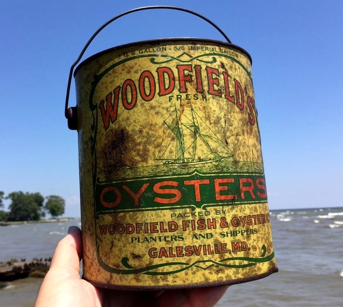 Very EARLY Extremely RARE Woodfield's Oyster TIN PAIL Can 5/6 Imperial Gallon