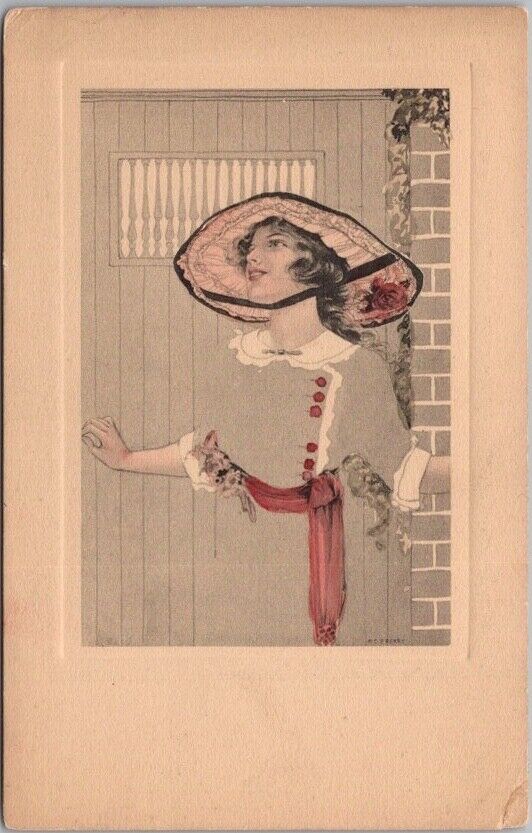 1910s Artist-Signed C.E. PERRY Postcard Pretty Lady ART NOUVEAU Fade-Away Unused