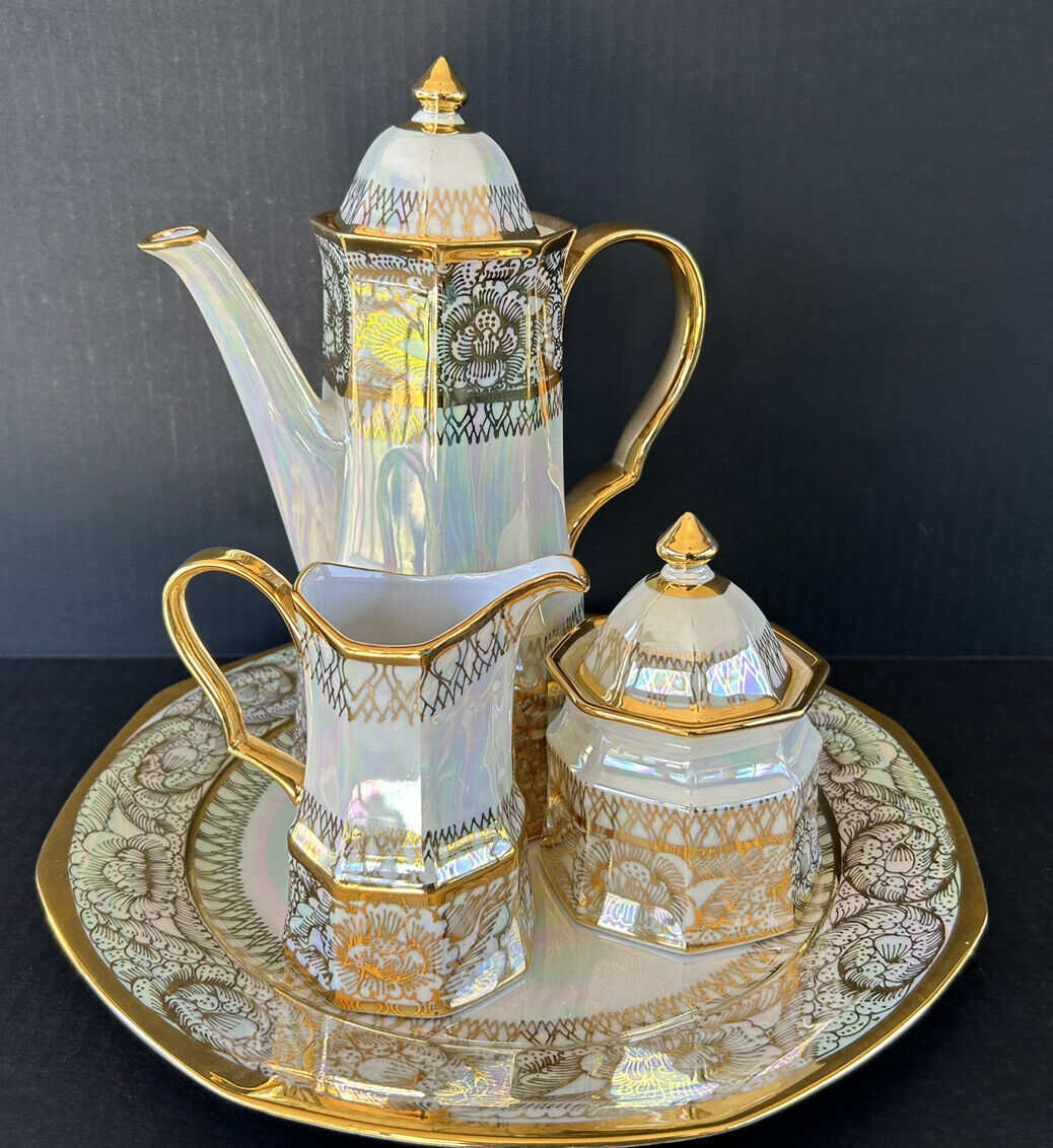 Tea Set Thai Benjarong Porcelain Hand Painted 18k Gold Teapot Sugar Creamer Tray