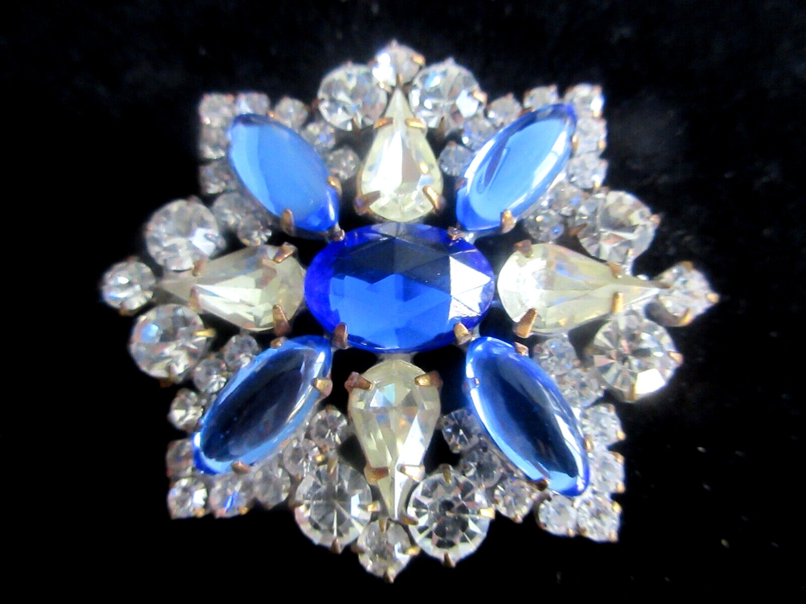 Outstanding  Czech Vintage Glass Rhinestone Button  Crystal Clear  & Blue