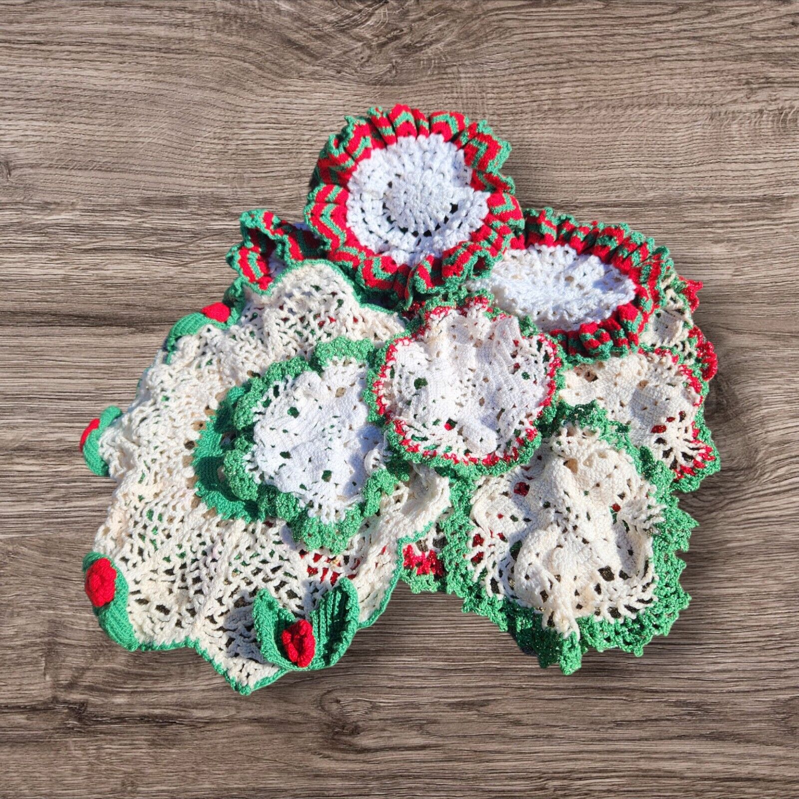 Lot of 11 VTG Hand Crochet Doilies Green and Red Various Sizes MCM Granny Core