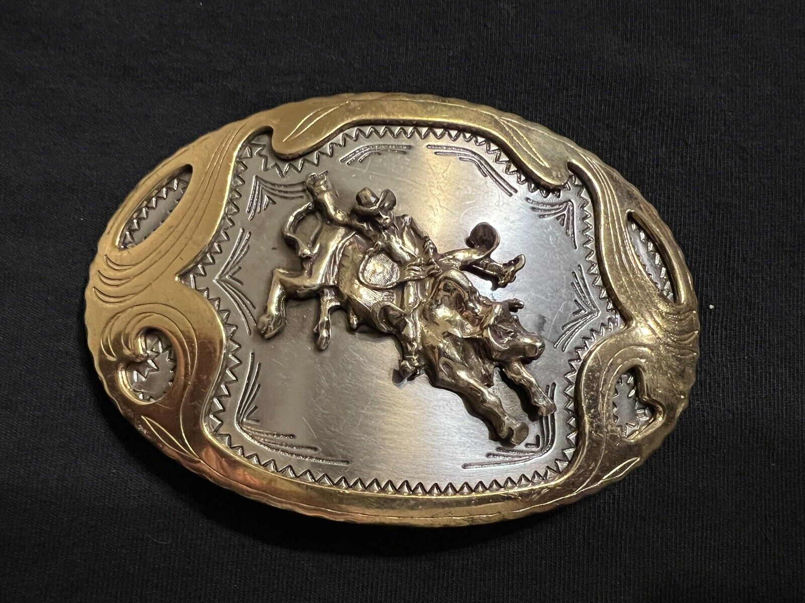 Vintage German silver Western belt buckle Bucking Bull With Cowboy