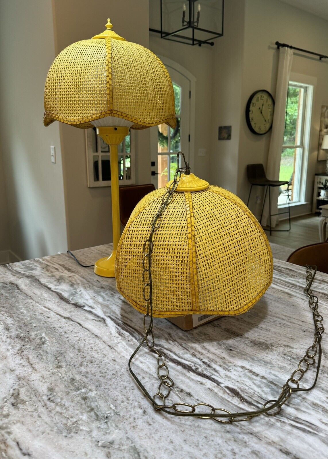 VTG Mid Century MCM Hanging Wicker Swag Chandelier Matching Lamp w/ Ribbed Glass