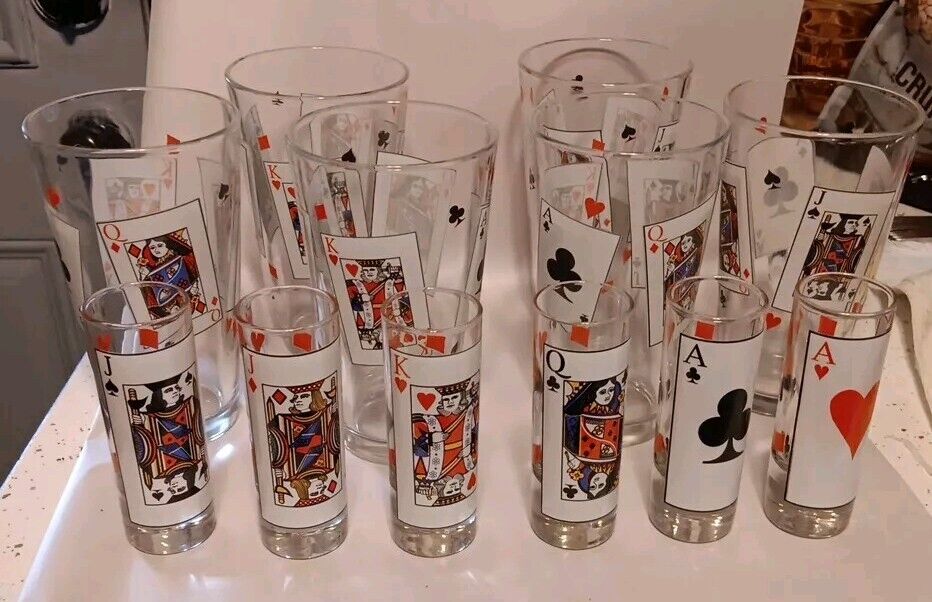 Poker Playing Card Set 6 Tall Shot Glasses & 6 Tall Pint Cocktail Glasses