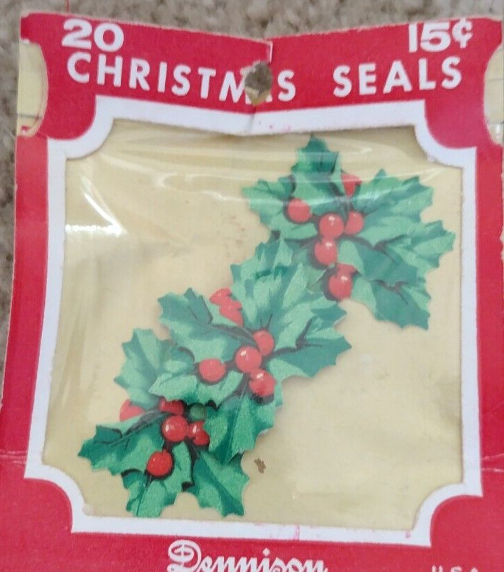Vintage Dennison Red Holly Berries Christmas Seals NOS ORIGINAL SEALED PKG.