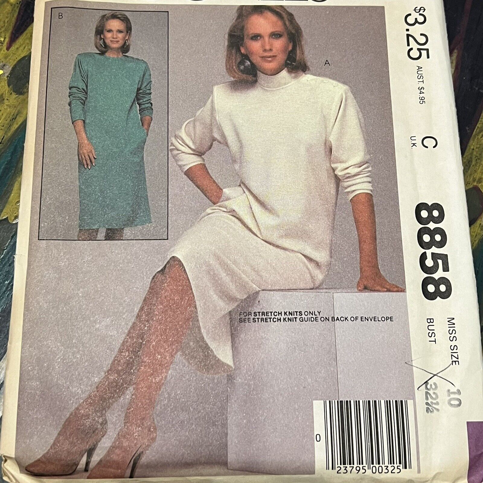 Vintage 1980s McCalls 8858 Mock Neck Dolman Sleeve Dress Sewing Pattern 10 UNCUT