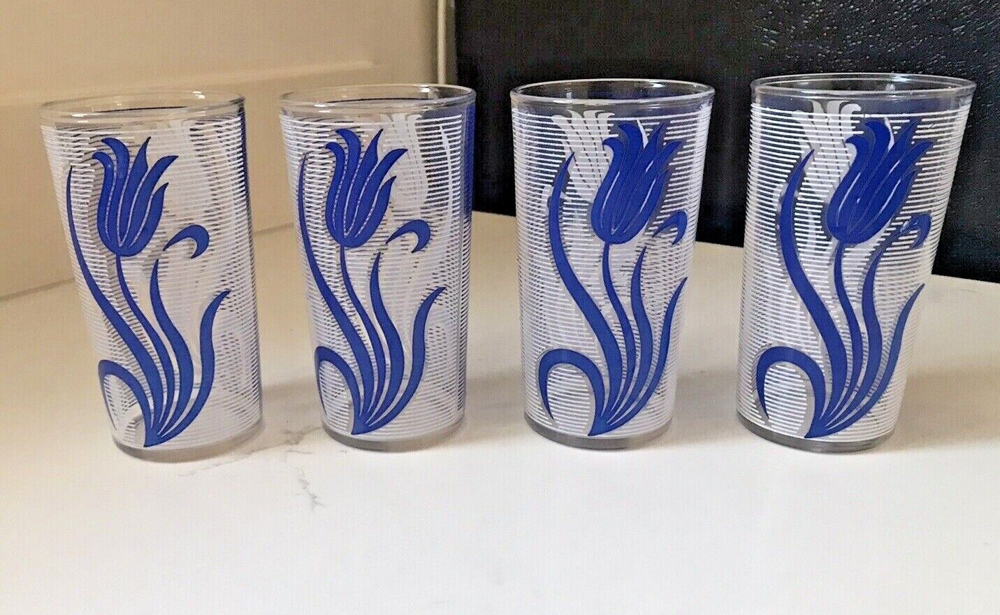 FEDERAL GLASS Vtg Mid Century 8 Oz Coolers Glasses Tumblers Retro Blue Tulips