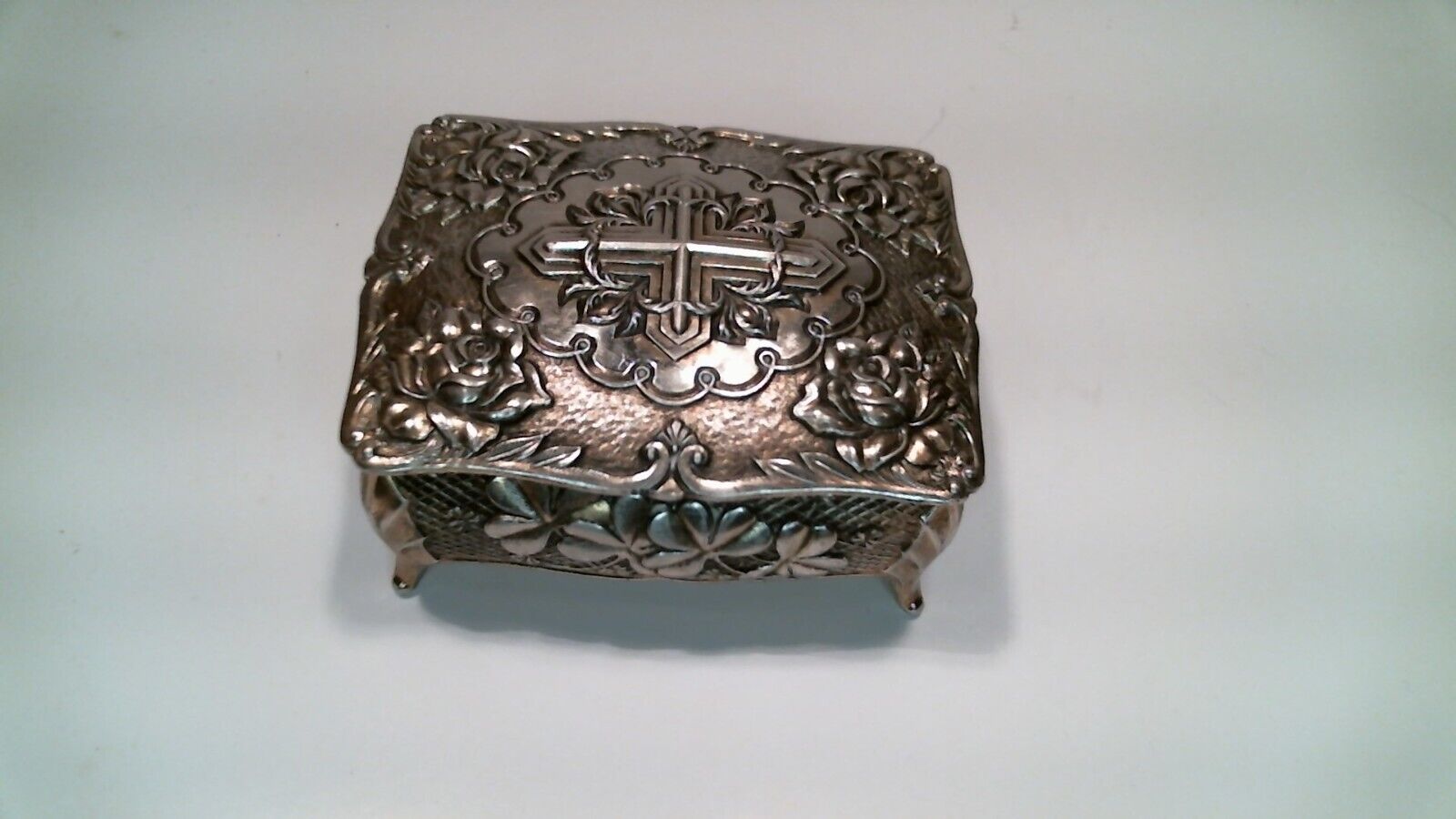  Vintage Silver Clad Small Footed Jewelry Trinket Box, Raised Pattern