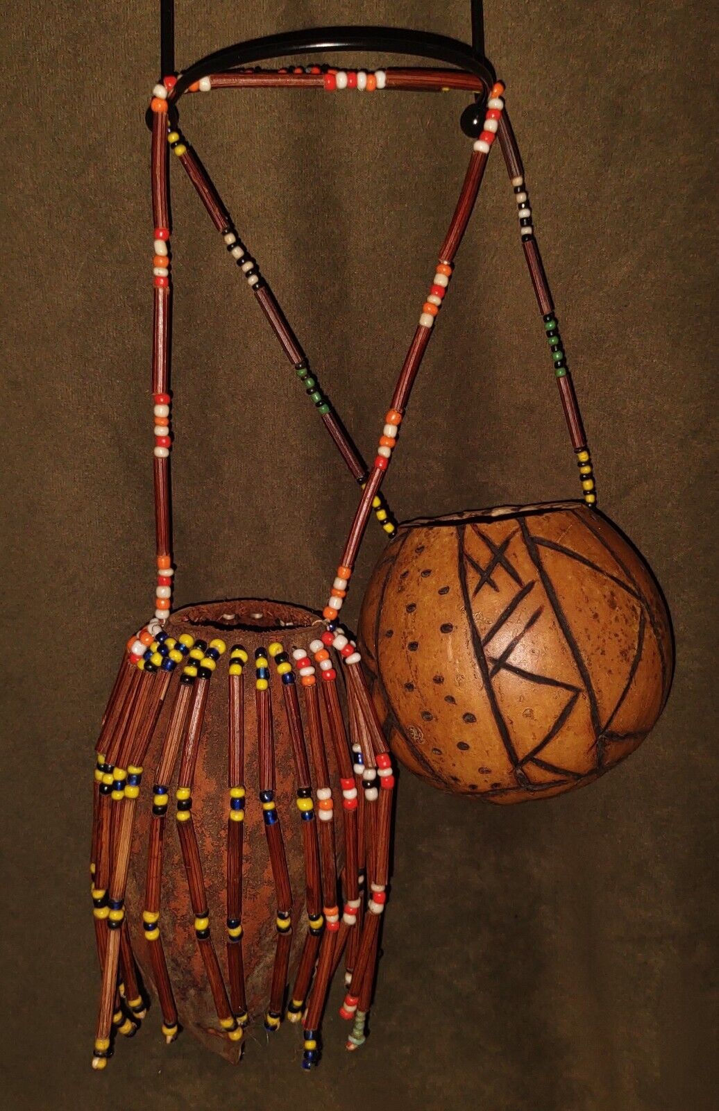 Two Vintage Hadzabe/Hadza Tribe Of Tansania, Africa Souvenir Beaded Gourd Bags 