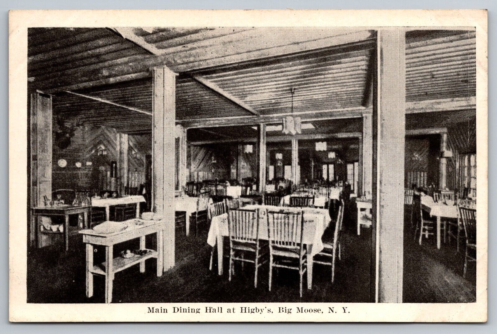 Main Dining Hall at Higby's. Big Moose New York Vintage Postcard
