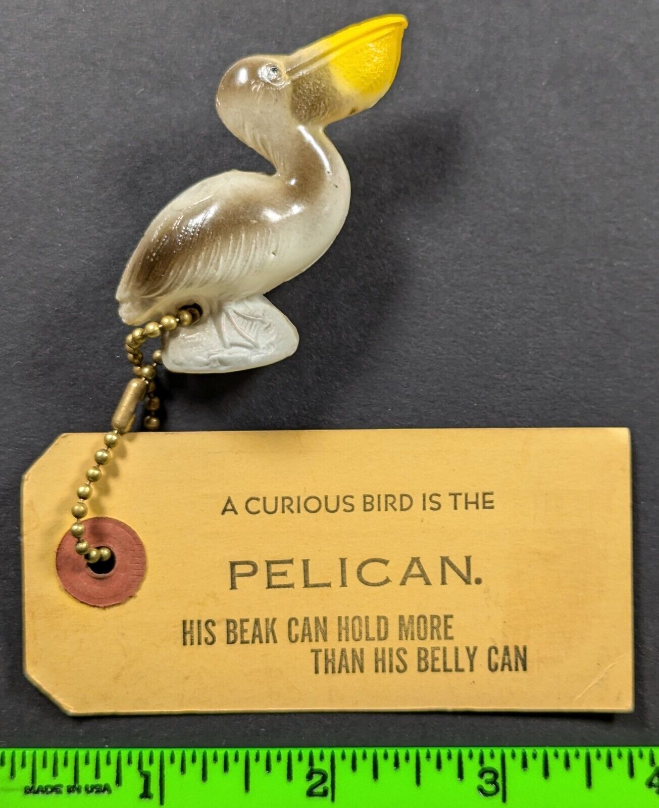 Vintage Celluloid A Curious Bird Pelican Tag Keychain