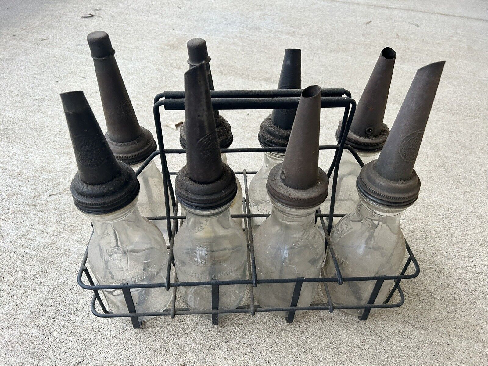 Antique Vintage Set Of 8 Glass Motor Oil Bottles With Tin Tops, In Carrier