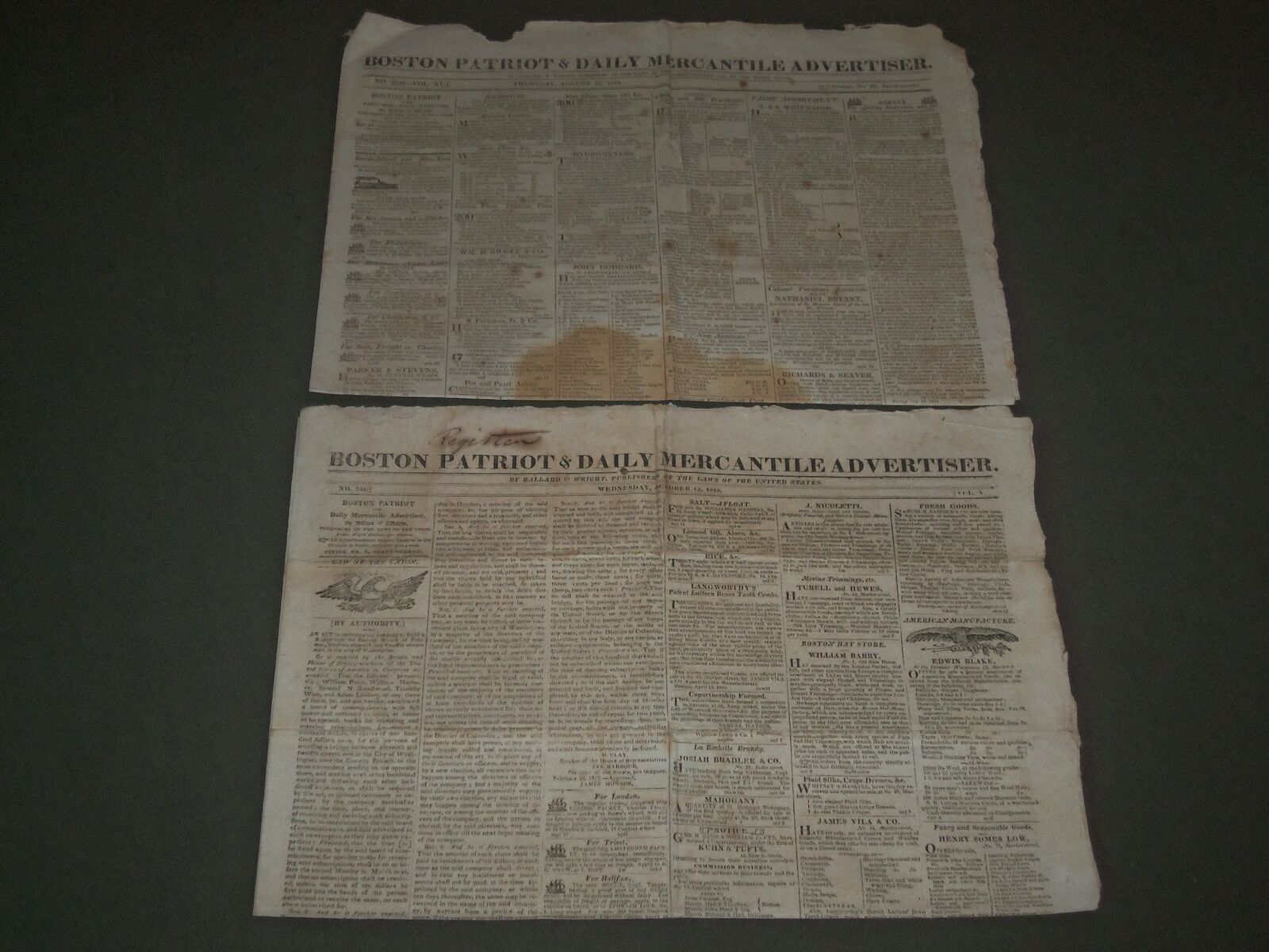 1819 & 1824 BOSTON PATRIOT NEWSPAPER LOT OF 2 - BALLARD & WRIGHT - NP 2740