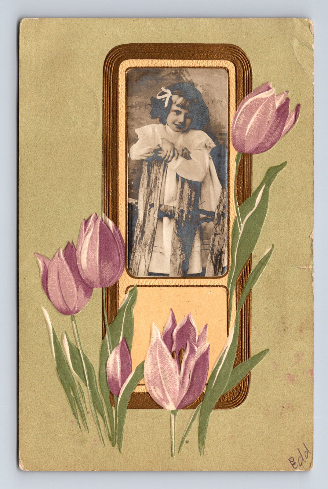 1906 Embossed Partial RPPC Portrait Young Girl Tulip Flowers Lenox IA Postcard