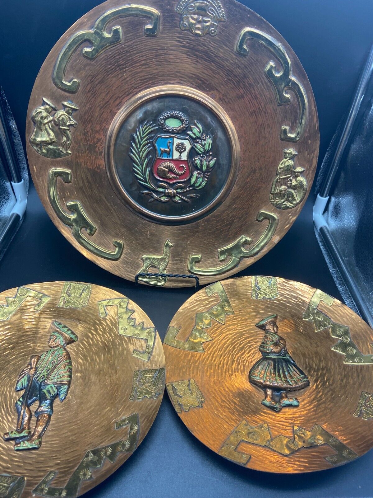3 Peruvian Artisan Copper Decorated Colored Wall Plates