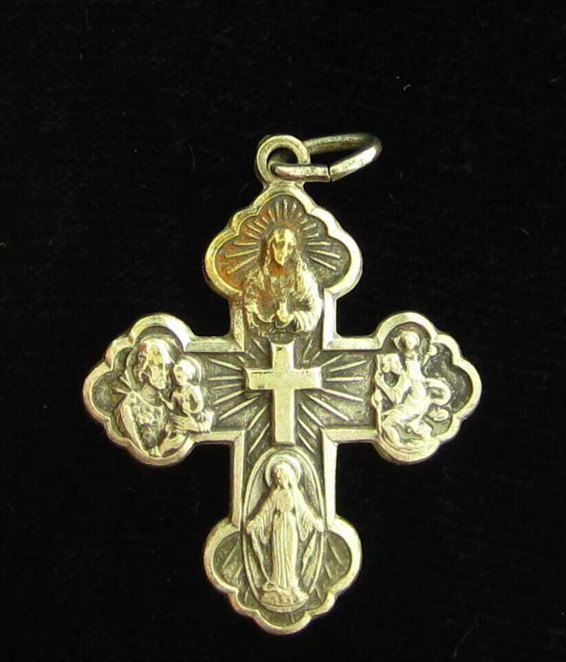 Vintage 4 Way Cross Medal Relgious Holy Catholic Virgin Mary Jesus