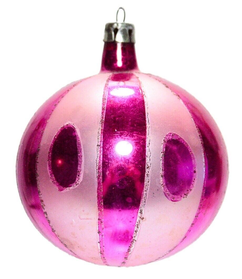 Vintage Made In POLAND Hand Painted Mica Pink Ball Glass Christmas Ornament