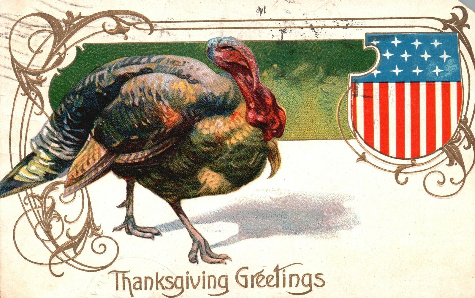 Vintage Postcard 1911 Thanksgiving Greetings Turkey U.S. Symbol Holiday Greeting