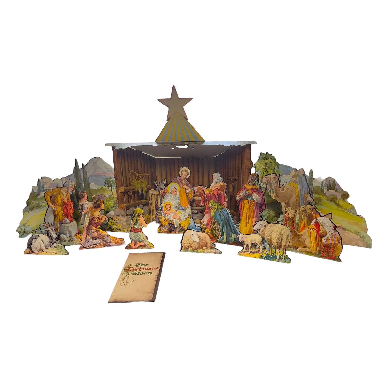 Vintage 1940/1950 Christmas Manger Nativity Complete Set Cut-Out Scene 743