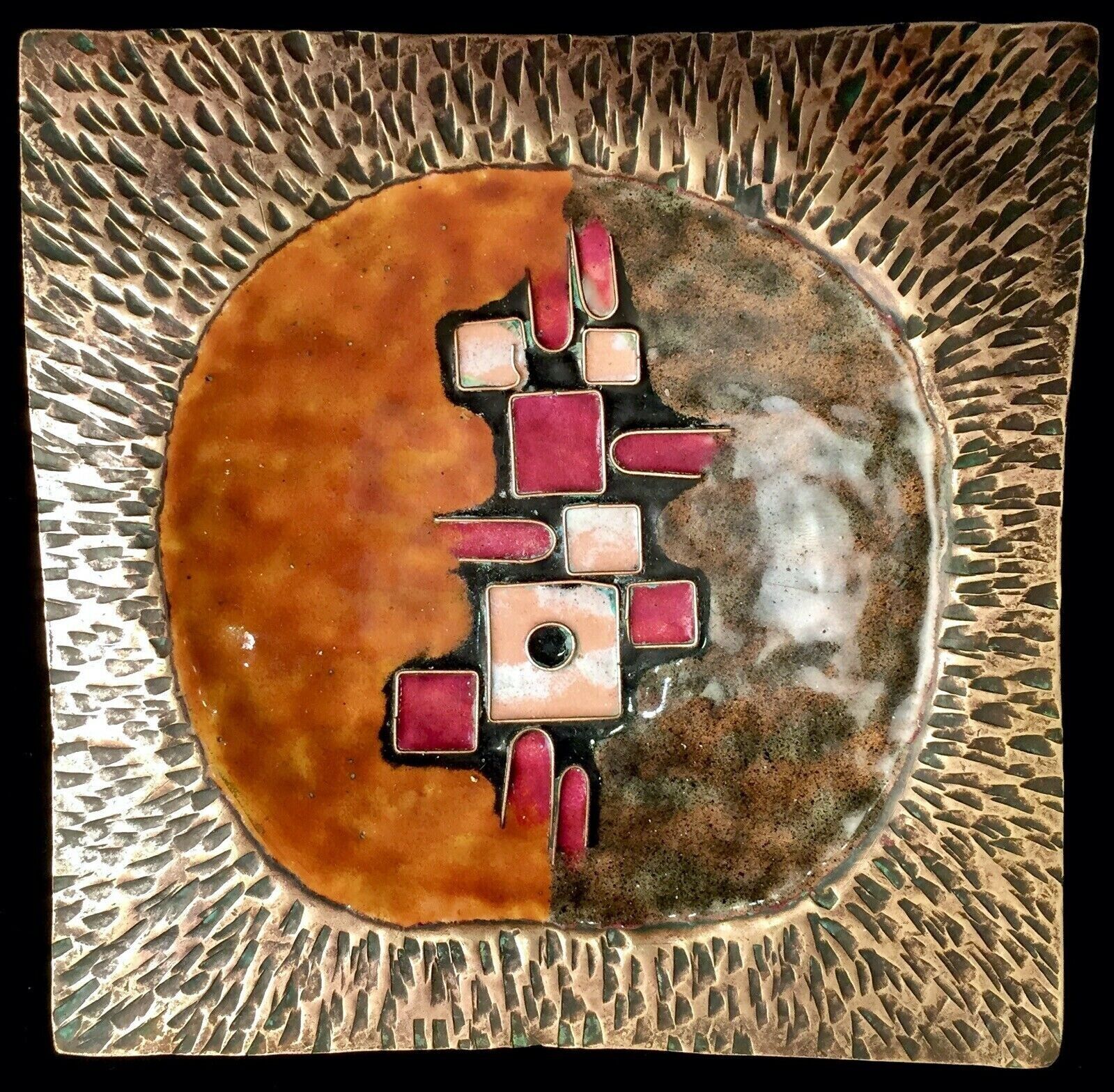Vintage Mid Century Copper & Enamel Plate Dish Orange Geometric Design 6