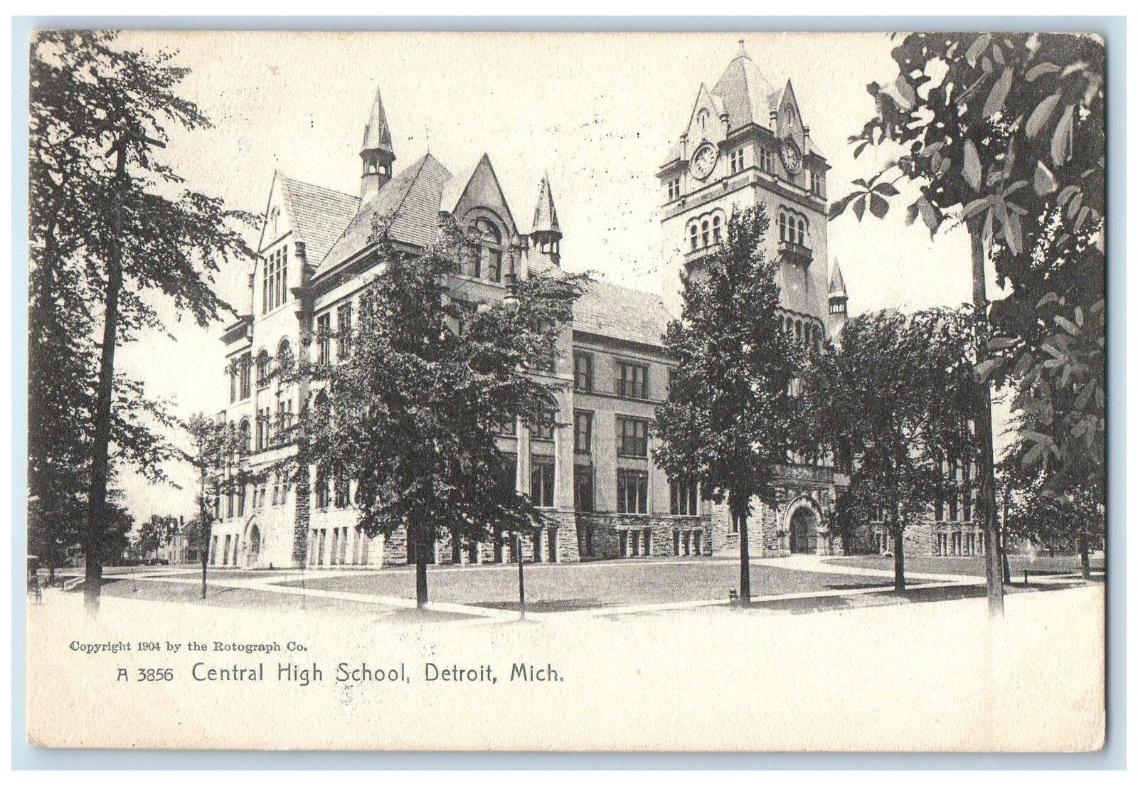 1908 Central High School Campus Building Clock Tower Detroit Michigan Postcard