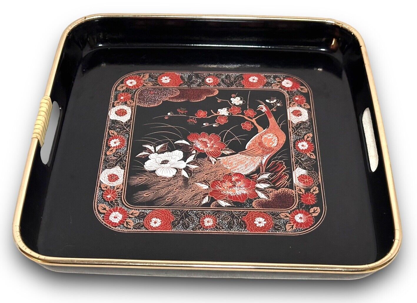 Vtg Oriental Lacquer Ware Square Serving Tray Wrapped Handles 10 3/4\