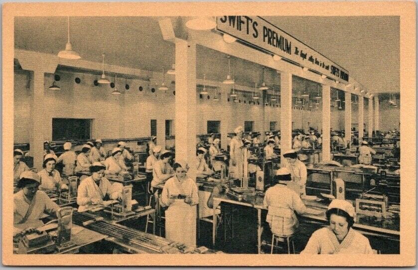 c1940s SWIFT'S PREMIUM BACON Advertising Postcard Factory View / Female Workers