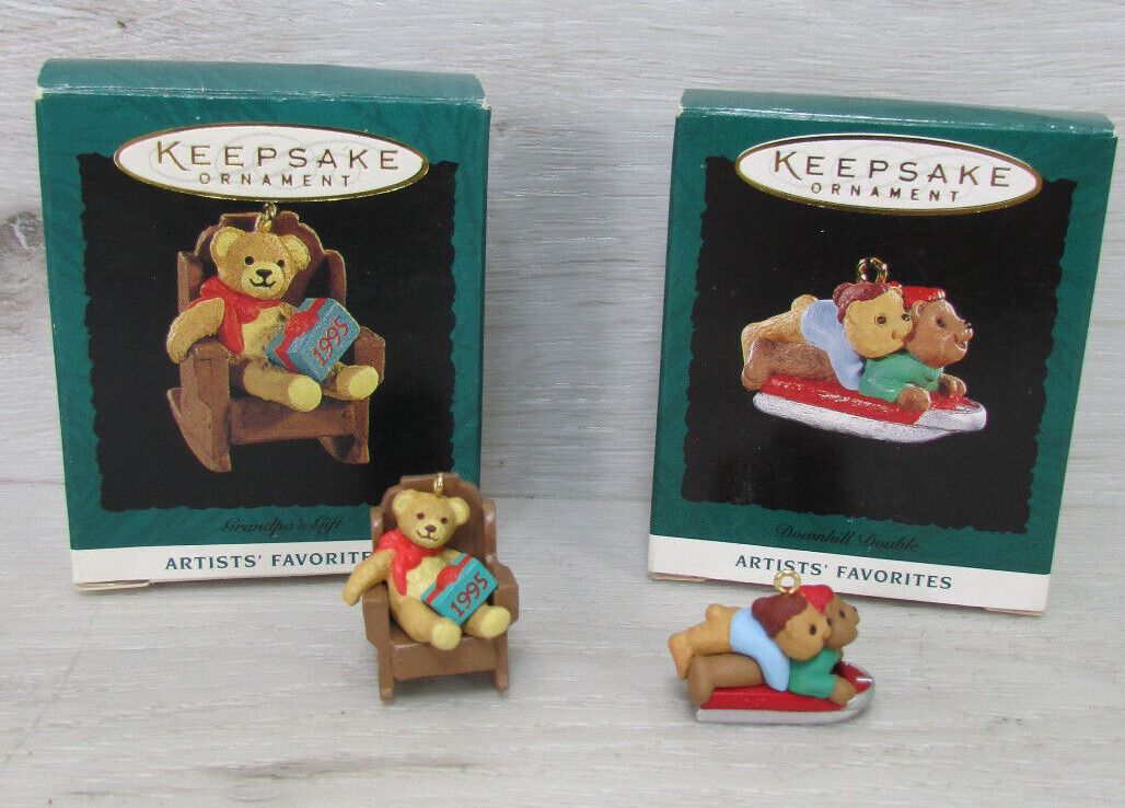 2 1995 Hallmark Keepsake Miniature Ornament Downhill Double Bears & Grandpas Gif