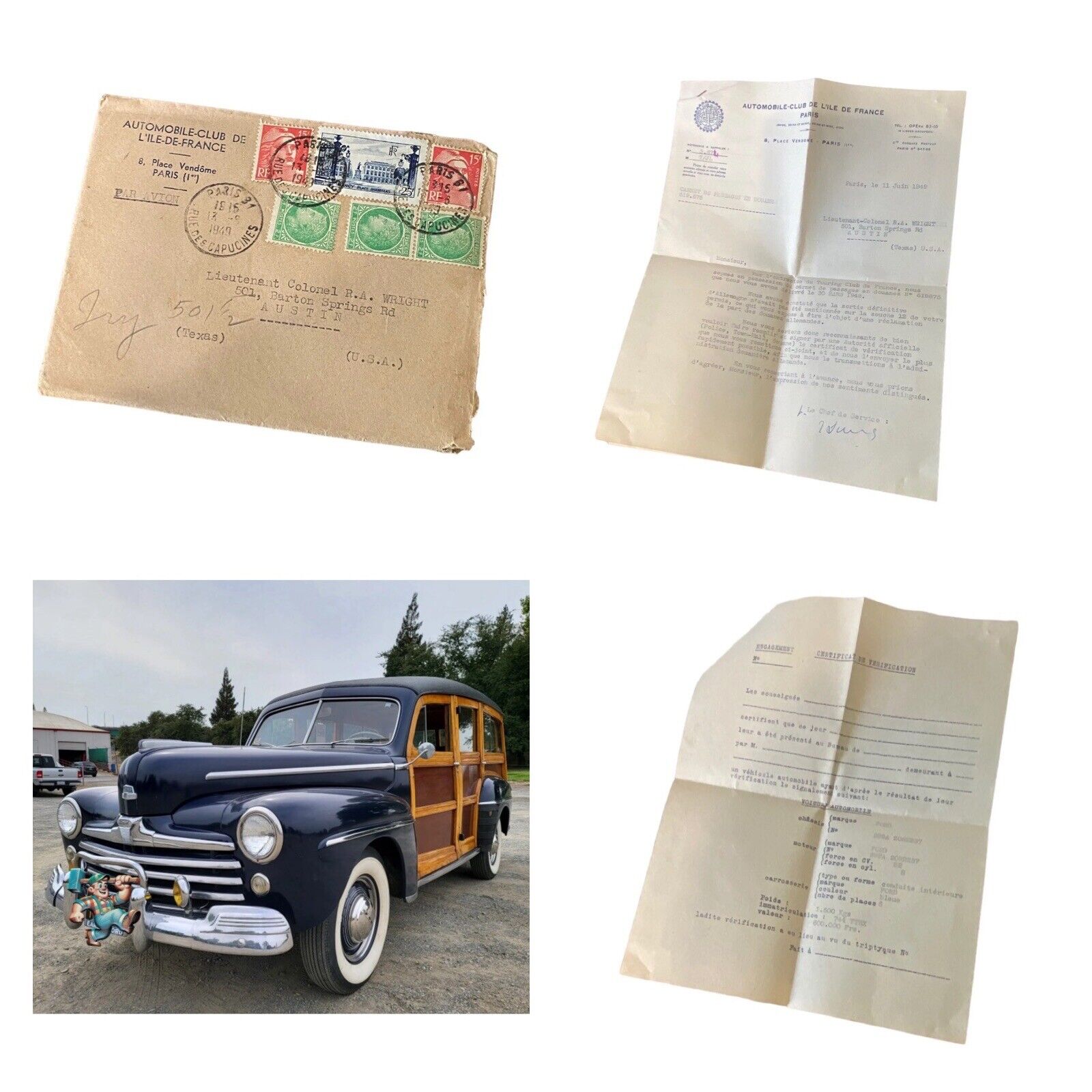 1949 French Automobile Club Letter & 1948 Ford Woody Specs WWII Vet Austin TX